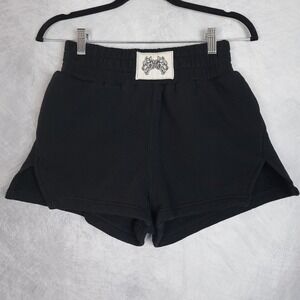 Darc Sport Sweat Shorts Womens Small Black Terry Wolf Patch SHE Gym Athletic